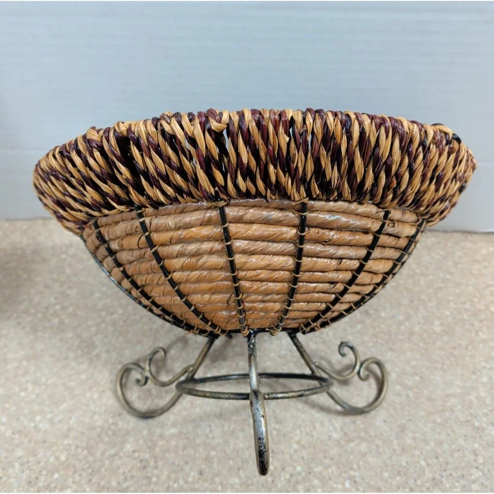 Wicker Woven Metal Pedestal Fruit Bowl Planter Storage Display Boho Large 12”